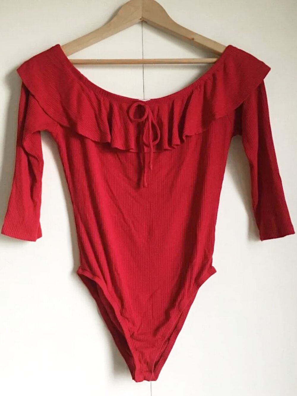Lipstick Red Ruffle Collar 3/4 Sleeve Bamboo Bodysuit